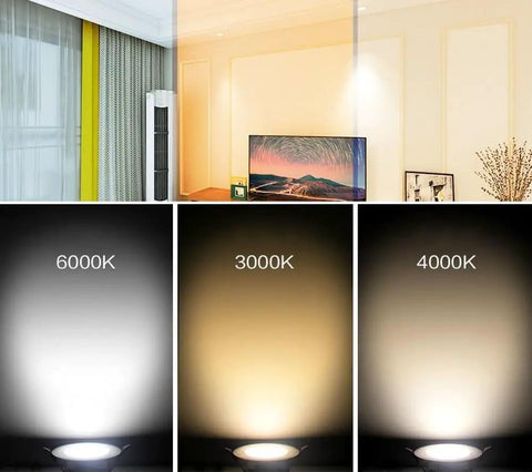 Narrow Frame LED Recessed Downlight illuminating walls with 6000K, 3000K, and 4000K light temperatures in a living room setting.