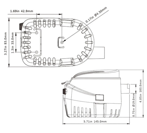 Technical diagram of 06 Series Automatic Submersible Bilge Pump 750 GPH 12V Three Quarter Inch Outlet Easy Install with Auto Float Switch