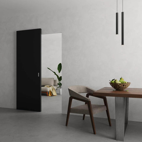 Interior Hidden Barn Door Sliding Kit With Concealed Hardware, 36 Inch By 84 Inch, Black Matte Finish Planum 0010 installed in room