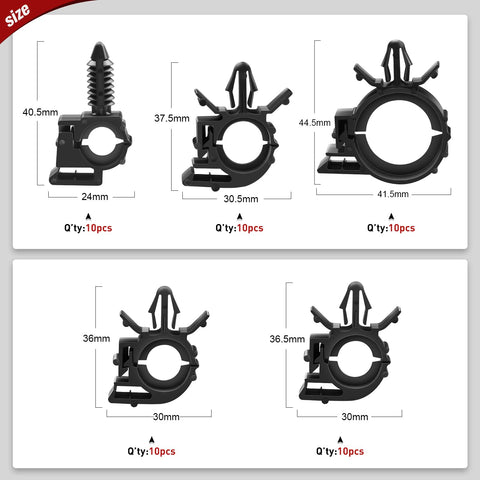 60 Piece Automotive Wire Loom Routing Clip Kit With Universal Wiring Harness Clips In 6 Sizes, black nylon clips, sizes shown