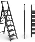 Six Step Folding Ladder For Home And Garage, Lightweight Aluminum Stepladder With Stable Top Handle, Non Slip Feet, Holds Up To 300 Lbs, Black, Compact Design For Easy Storage, Ideal For Indoor And Outdoor Tasks, folded and open view
