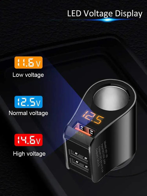 Straight Fire 3 Usb Car Charger Adapter Fast Charging Cigarette Lighter Plug showing LED voltage display and dual USB ports.