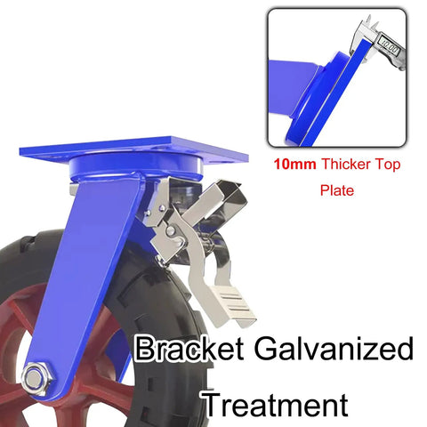 Heavy Duty Swivel Caster Wheel Set Of 4 With Rock Solid Rubber Tires And Dual Lock Brakes For Smooth Silent Rollout 2000 Lb Capacity Per Unit showing blue bracket and thicker top plate.