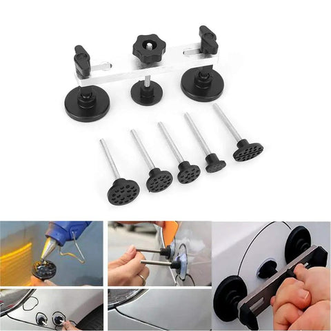 Paintless Dent Repair Puller Kit With Aluminum Slide Hammer T Bar Dent Removal Tabs displayed with tools and usage examples