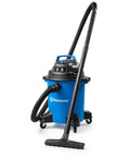 5 Gallon Wet And Dry Shop Vacuum With 3 Peak HP 65 CFM 16 Foot Reach Includes 8 Accessories With Cartridge Dry Filter And Foam Wet Filter VOC507PF Great For Home Or Shop Cleanup, shown in a blue container with attached hose and nozzle.