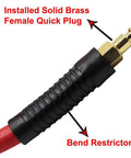 Close-up of bend restrictor and brass fitting on Pro Grade All Weather Air Hose Three Eighths Inch By Fifty Feet 300 PSI Flexible Red