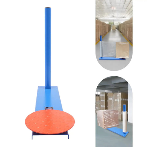 Badass Manual Stretch Film Dispenser For Pallet Wrap And Box Rolling No Sweat Design with blue metal base and orange roller.