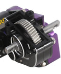 Close-up of 50T Brushed Motor with Helical Gear Complete Transmission Upgrade for 1 to 24 SCX24 RC Crawler, aluminum housing.