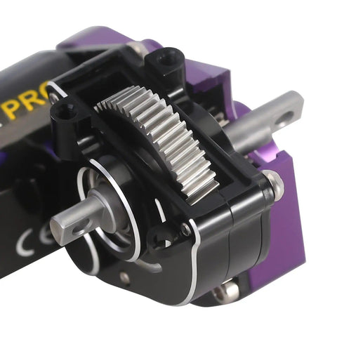 Close-up of 50T Brushed Motor with Helical Gear Complete Transmission Upgrade for 1 to 24 SCX24 RC Crawler, aluminum housing.