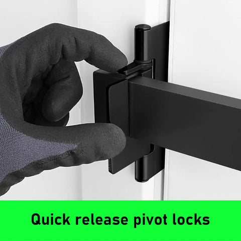 Beefy Security Door Bar For Inward Opening Doors Up To 32 Inches Black Finish, Marine Grade Aluminum Bar With Stainless Steel Brackets, stud-mounted pivot lock close-up