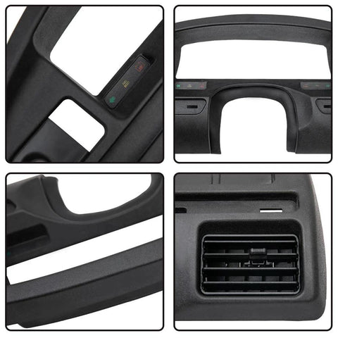 G-PLUS Ford dash bezel for F-Series (92–97), ABS plastic, adhesive; front, side and close-up views.
