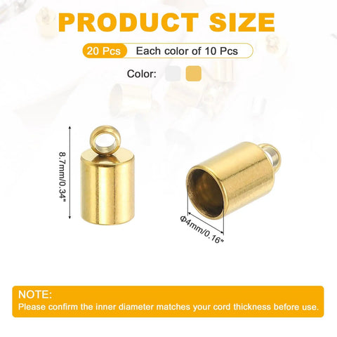 Stainless Steel Cord End Caps 4mm ID Barrel Ends for DIY Jewelry Making, gold tone, product size details and dimensions