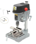 Rock Solid Heavy Duty Benchtop Drill Press Packing A Mighty 340W Motor And Three Adjustable Speeds For Pinpoint Wood And Metal Drilling Durable Cast Iron Tabletop Machine with adjustable work vise and drill bit.
