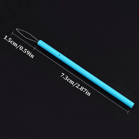 Blue plastic needle threader from the 5 Pcs Needle Threader Set For Hand Sewing And Sewing Machines, shown with dimensions.