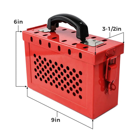 Tough As Nails Lockout Tagout Group Lock Box OSHA Compliant hardened steel padlock station, 9x6x3.5 inches, red with secure slots.