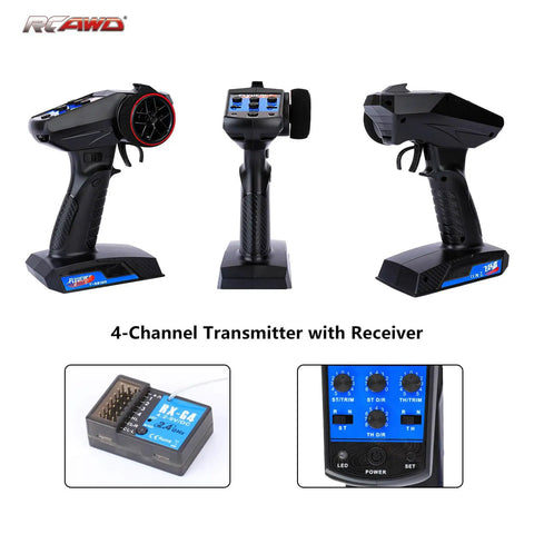 Beefed-Up 4 Channel RC Transmitter Receiver Kit With 2840 Brushless Motor 5000KV, close-up of transmitter controls and receiver