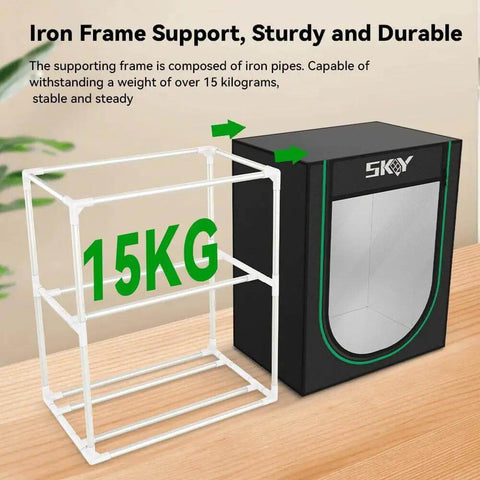 Iron frame support of durable filament storage box and rack for 3D printing filaments dustproof and waterproof enclosure.