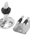Front view of 316 stainless steel door stopper with base plate and mounting bracket, two-piece set