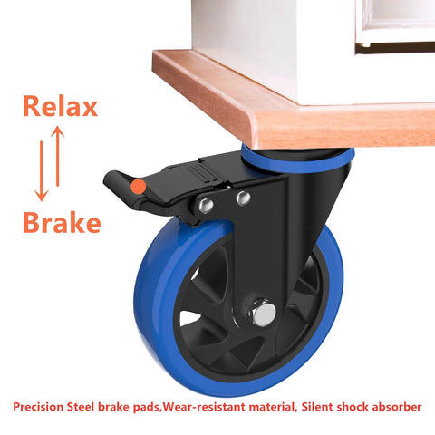 5-inch blue caster wheel with brake, heavy-duty swivel top-plate; set of four for furniture and cabinets.