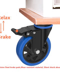 Close-up of 4 Inch Caster Wheels With Brake, heavy duty swivel caster with rugged steel housing and brake lever under furniture