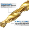 Close-up of Six-Piece All in One Combination Drill and Tap Bit Set 1/8-40 BSW to 3/8-16 BSW High Speed Steel showcasing titanium coating