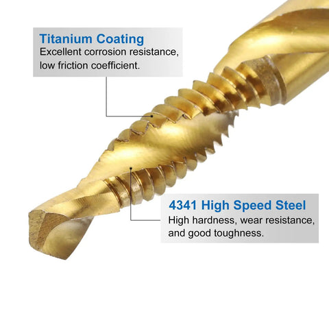 Close-up of Six-Piece All in One Combination Drill and Tap Bit Set 1/8-40 BSW to 3/8-16 BSW High Speed Steel showcasing titanium coating
