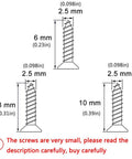 Dimensions of 1600 Pc Heavy Duty Mini Screws 2.5 X 6 8 10 mm Phillips Flat Head Self Tapping Hardware showing sizes 2.5, 6, 8, and 10 mm.