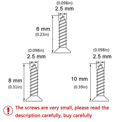 Dimensions of 1600 Pc Heavy Duty Mini Screws 2.5 X 6 8 10 mm Phillips Flat Head Self Tapping Hardware showing sizes 2.5, 6, 8, and 10 mm.