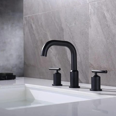 8 Inch Two Handle Widespread Matte Black Bathroom Faucet With 360 Swivel Spout For 3 Hole Sinks on marble countertop
