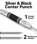 Heavy Duty Automatic Center Punch With Kickass Spring Loaded Design And Adjustable Tension For Precision Dimpling On Metal Wood Or Glass Includes Two Backup Tips And Rust Proof Finish Built Tough For Daily Job Site Grind, featuring silver and black finish.