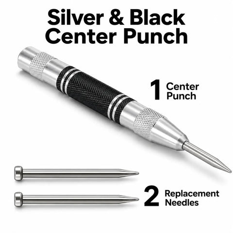 Heavy Duty Automatic Center Punch With Kickass Spring Loaded Design And Adjustable Tension For Precision Dimpling On Metal Wood Or Glass Includes Two Backup Tips And Rust Proof Finish Built Tough For Daily Job Site Grind, featuring silver and black finish.