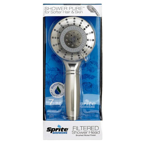 7-Setting Shower Filter With 1.75 GPM WaterSense Certified Flow Brushed Nickel Finish Chlorgon Filtration in packaging