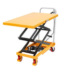 Yellow Amazon hydraulic lift table cart with steel double scissor lift and 51-inch lifting height, non-slip pad