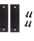 Front view of Six Inch Flat Black Sliding Barn Door Handles Two Pack Flush Pulls with screws for easy install.