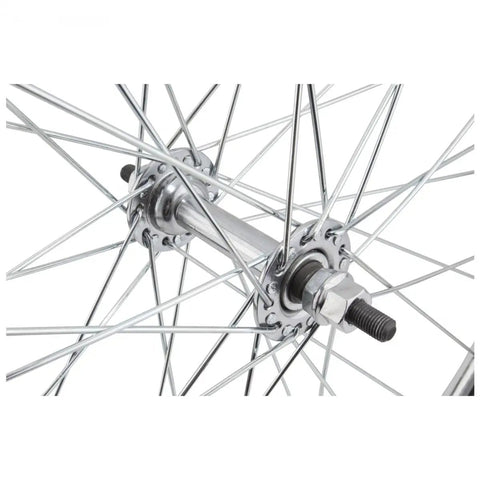 Close-up of Front Wheel 27x1-1/4 Silver Bolt-On 5/16 Axle Hub 14G UCP Spokes 36H Bicycle Wheel For Road Cyclocross And Mountain Bikes