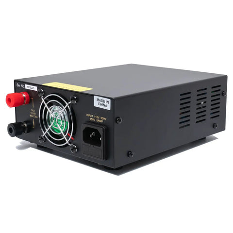 Rear view of Beefy 13.8V 30A DC Power Supply For Radios With Cigarette Plug showing cooling fan and power connectors.