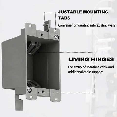 Side view of 1 Gang Old Work Electrical Box For Remodeling UL Listed PVC Junction Box And Outlet Box 14 Cu In Capacity 2 Hour Fire Rated Durable PVC Construction Ideal For Recessed Install 6 Pack with adjustable mounting tabs.