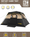 Zeta C6 Pro Six Person Instant Cabin Tent With 60 Second Setup in khaki with rainfly, windproof shell, and carry bag displayed.
