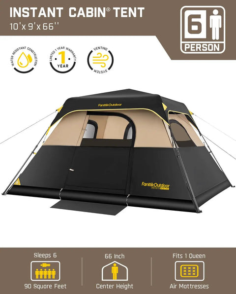 Zeta C6 Pro Six Person Instant Cabin Tent With 60 Second Setup in khaki with rainfly, windproof shell, and carry bag displayed.