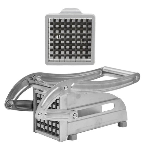 French fries cutter, front view, manual stainless steel blades for potatoes and vegetables.