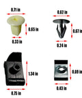 Components of 50 Piece Engine Splash Shield Fastener Kit For Toyota Cars And SUVs with metal and plastic clips, various sizes shown