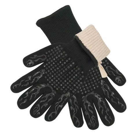 Heavy Duty BBQ Cooking Gloves For Outdoor Grilling And Camping, Heat Resistant with silicone grip, black with flame design