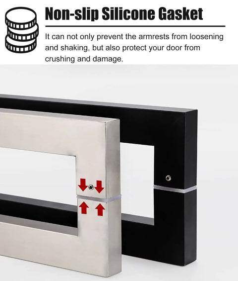 Push Pull Barn Door Handle Set With Install Tools Heavy Duty Sliding Hardware for Kitchen Shower Living Room stainless steel and black handle close-up showing non-slip silicone gasket