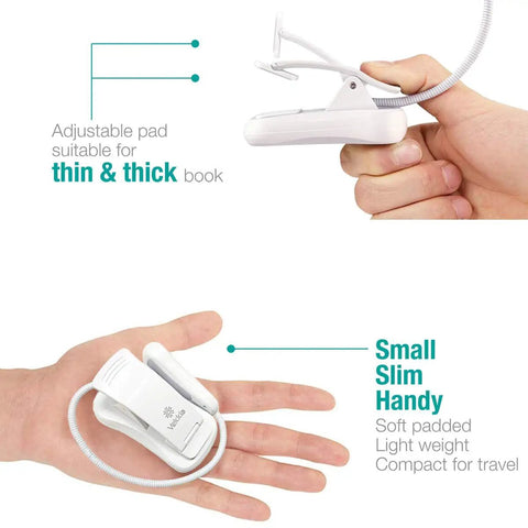 Warm 3000K LED Rechargeable Clip On Reading Light showing adjustable white clip held in hand, highlighting slim lightweight design
