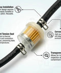 Close-up of Three Sixteenths Inch Fuel Line Gas Filter Kit With 5mm Inline Fuel Filters, showcasing transparent filter housing.
