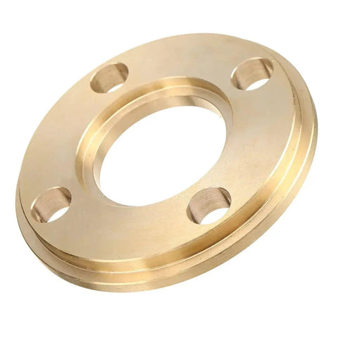 Premium Pure Copper Router Bushing Guide Set Dead Nuts Precise For Fine Woodworking Delivers Smooth Cutting Action Includes Complete Eleven Piece Range Up To Thirty Mm With Dual Lock Nuts round copper bushing with four mounting holes.