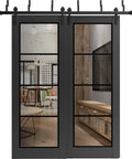 Clear Glass Sliding Barn Closet Doors With Matte Black Hardware, 84 by 96 Inches, Two 42 by 96 Panels in modern living area