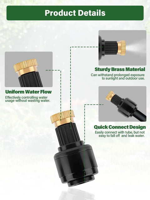 Detailed view of Thirty Piece One Quarter Inch Quick Connect Brass Misting Nozzles Set For Drip Irrigation Sprayer features