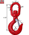 1 Ton Swivel Lifting Hook With Safety Latch Industrial Grade Heavy Duty Alloy Steel One Piece Casting Heat Treated With Waterproof Galvanized Coating Corrosion Resistant For Rigging Hoisting, red hook with dimensions