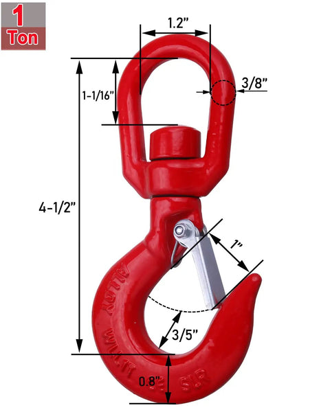 1 Ton Swivel Lifting Hook With Safety Latch Industrial Grade Heavy Duty Alloy Steel One Piece Casting Heat Treated With Waterproof Galvanized Coating Corrosion Resistant For Rigging Hoisting, red hook with dimensions